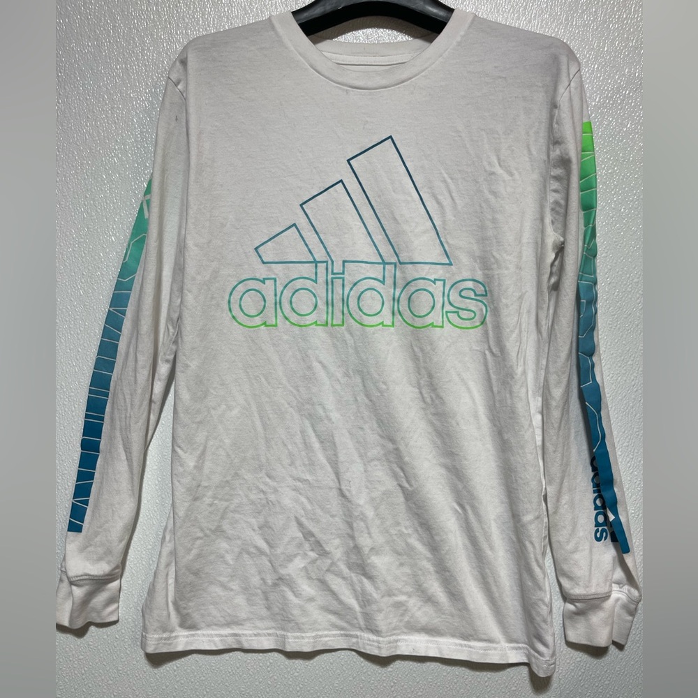 3/$10 Adidas White Long Sleeve Tee with Blue and Green Accents